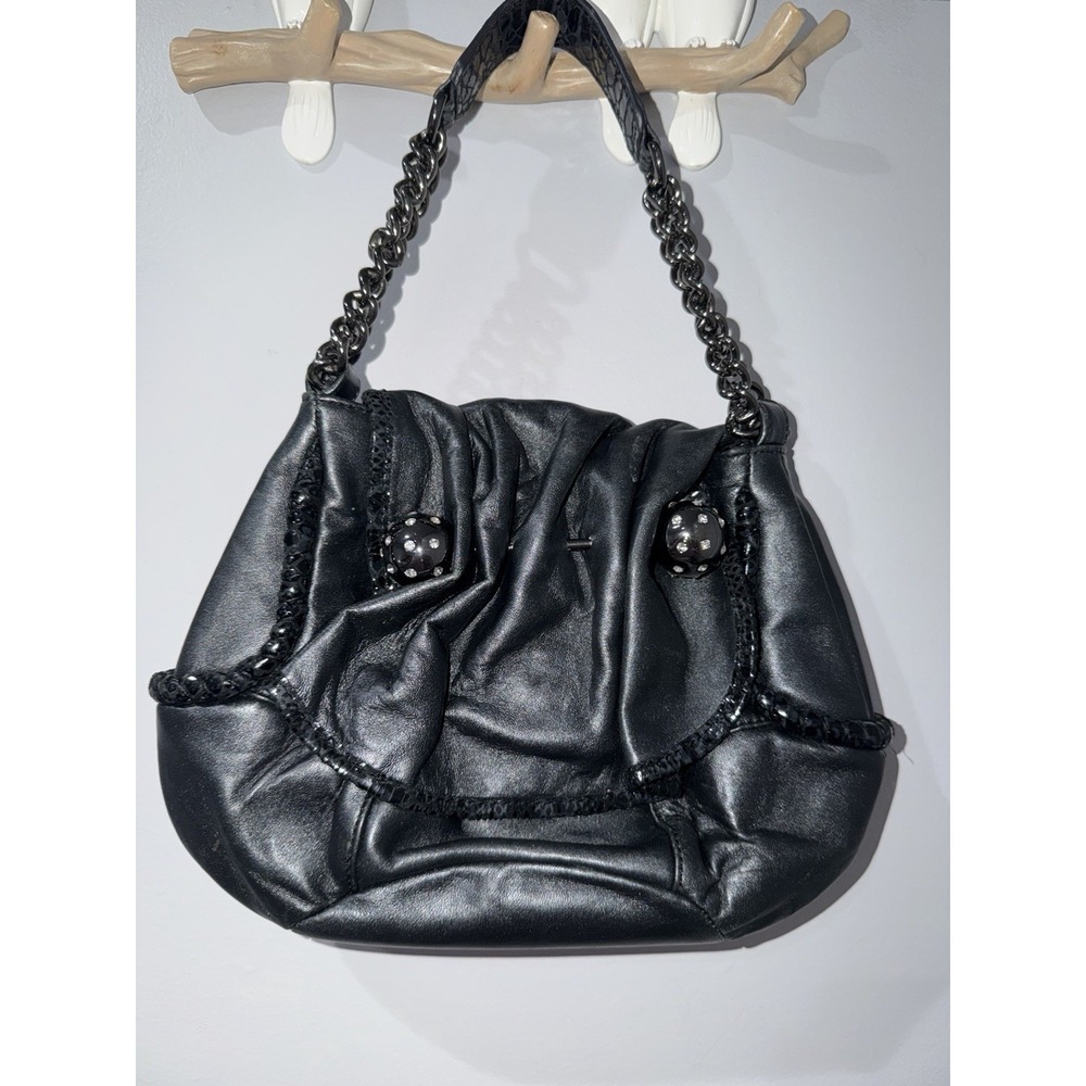 BETSEY JOHNSON Purse Metallic Black Leather Chain Strap  1‎